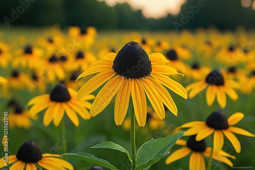 Close Up of a Yellow Black Eyed Susan Flower in a Field at Sunset photo