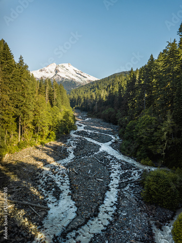 A serene scene featuring a snow-covered mountain, lush coniferous forest, and a winding river flowing through a picturesque valley under a clear blue sky, washington state. (version 2)