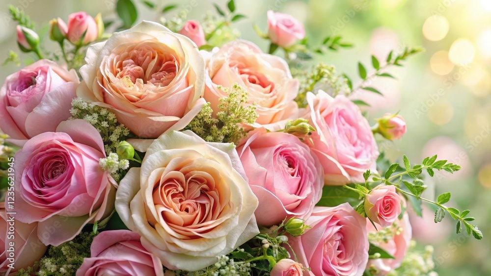 delicate pink roses arranged in a lush greenery bouquet with soft petals and intricate details, floral delicate pink roses arranged in a lush greenery bouquet with soft petals and intricate details, floral