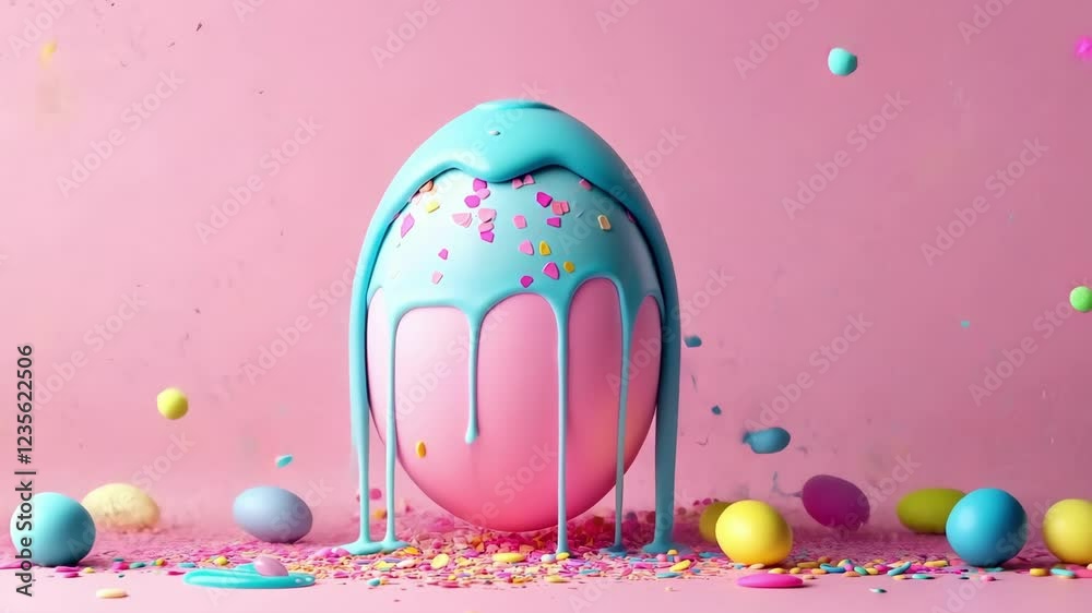 Vibrant easter celebration with colorful sprinkles and egg on pastel background. Easter, Pascha, Paskha, Ostern, Pascua, Paques - Orthodox and Catholic Holiday celebration