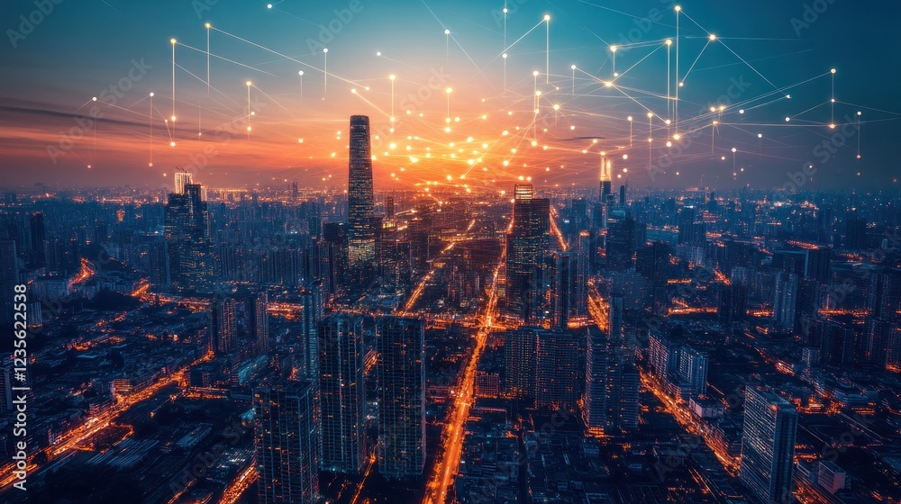 Fototapeta premium Smart city sunrise, network connections, urban landscape, technology