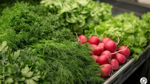 Fresh herbs and radishes at market stall photo