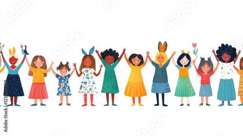 Diverse group of women holding hands, joyful expressions, colorful dresses, pixel art style, white background, celebration, unity, sisterhood