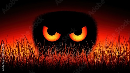 Angry monster in fiery grass, Halloween design, digital art