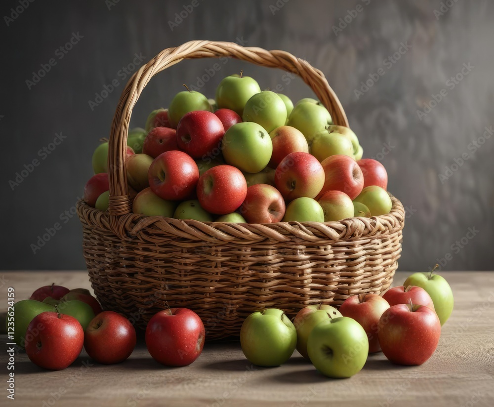 A woven rattan basket piled high with juicy red and green apples, woven, leaves, fall A woven rattan basket piled high with juicy red and green apples, woven, leaves, fall