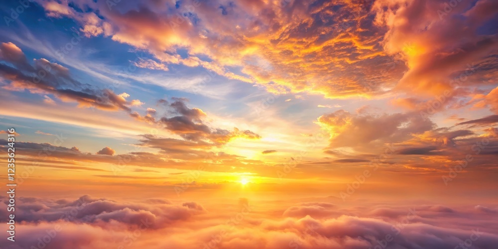 Obraz premium Soft, warm light breaks through the gentle haze of a serene sunrise sky with delicate, wispy clouds and shades of pastel pink, orange, and yellow hues, peaceful morning, natural beauty