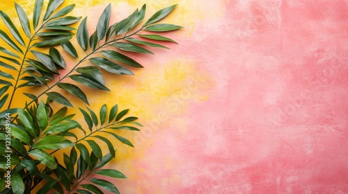 Vibrant yellow and pink textured background with lush green tropical leaves in the corner. Perfect for summer or tropical themes