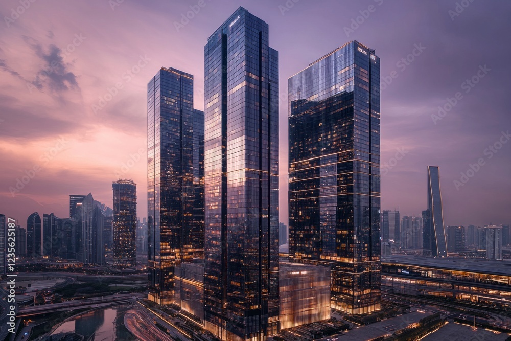 Fototapeta premium Modern skyscrapers in the city, towering buildings with glass facades reflecting light at dusk, symbolizing corporate power and innovation