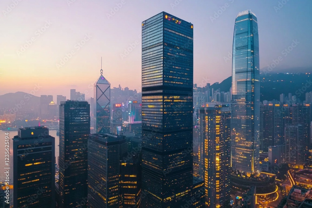 Obraz premium Modern skyscrapers in the city, towering buildings with glass facades reflecting light at dusk, symbolizing corporate power and innovation