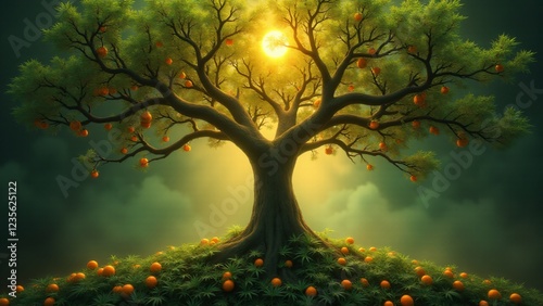 The marijuana plant becomes a sacred tree, with fruits of wisdom hanging from its branches. The tree glows divinely, offering spiritual insight and enlightenment to the seekers.