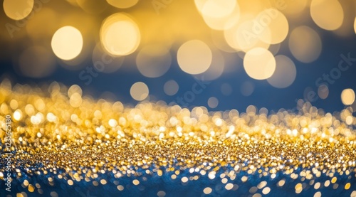 Gold glitter bokeh, dark blue background, festive, holiday photo