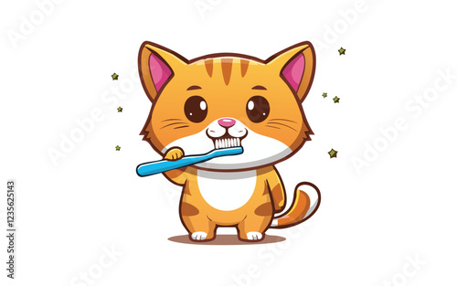 simple flat vector a cat with toothbrush on white background. It shows like a cat doing a daily activity