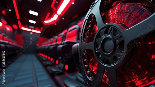 Red and black luxury theater interior with rows of comfortable seats and illuminated circular detail, creating a futuristic and immersive atmosphere photo