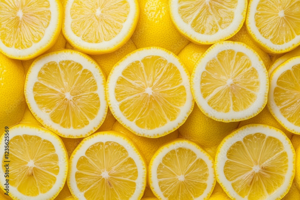 Close-up of vibrant yellow lemon slices arranged in a pattern. Close-up of vibrant yellow lemon slices arranged in a pattern.