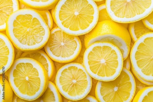 Close-up of vibrant yellow lemon slices, arranged in a dense and colorful pattern.