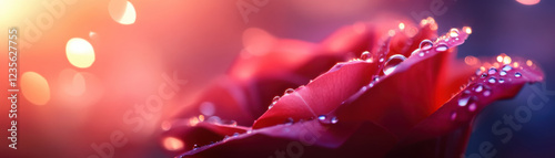 close up of dewdrop covered rose with vibrant colors and soft light