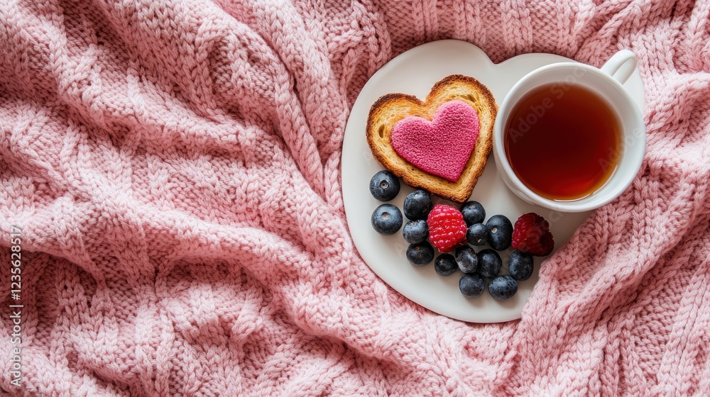 A cozy top-down view of a Valentines breakfast with heart-shaped toast, fruit, and a cup of hot tea. A cozy top-down view of a Valentines breakfast with heart-shaped toast, fruit, and a cup of hot tea.