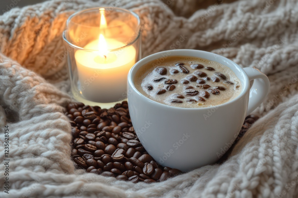 A cozy scene with a white cup of coffee beans, a lit candle, and a knit blanket in the background. A cozy scene with a white cup of coffee beans, a lit candle, and a knit blanket in the background.