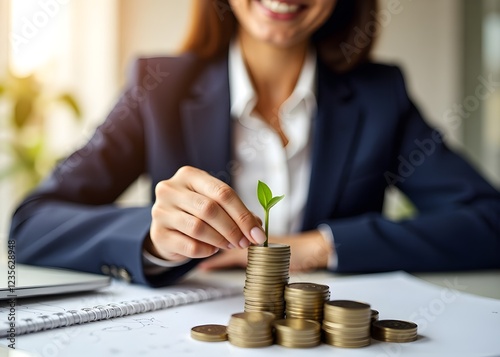 A businesswoman with a confident and optimistic expression holding a stack of neatly arranged coins in her hands. On top of the pile of coins,  there's a plant. Business success concept.