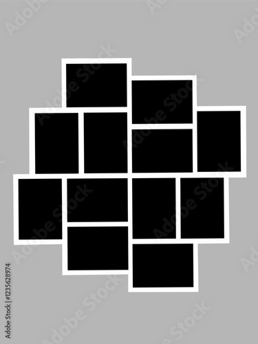 Blank photo frame, vector collage template layout of twelve photo frames
