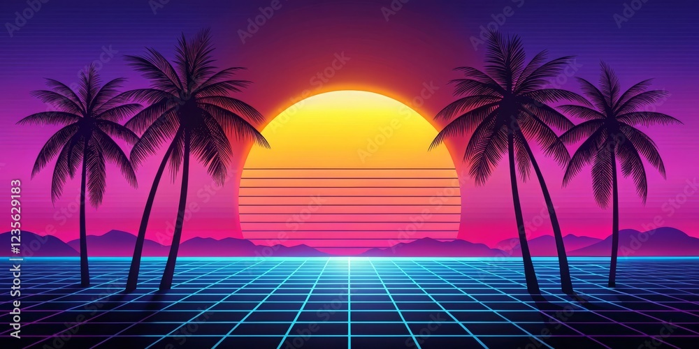 Naklejka premium Retro Sunset Paradise Vibrant 80s Style Grid Landscape with Silhouetted Palm Trees