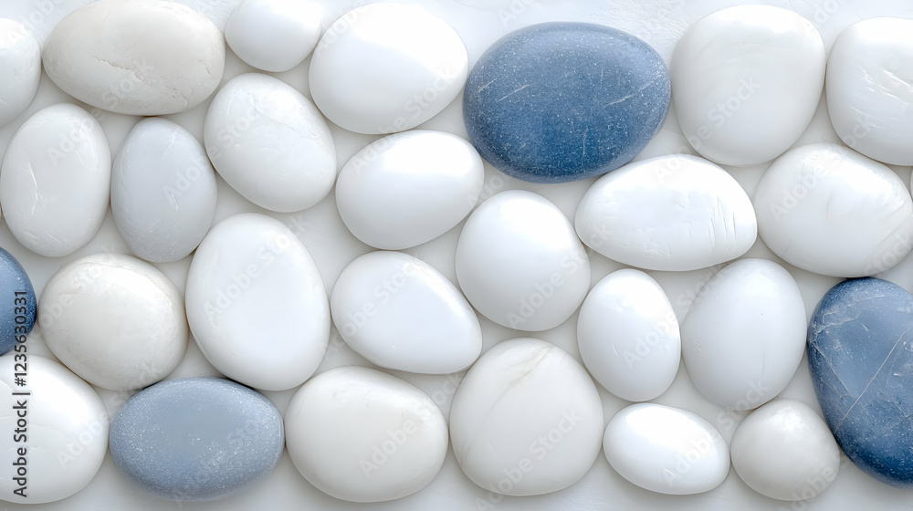 Smooth white and blue stones arranged on white background, wellness concept Smooth white and blue stones arranged on white background, wellness concept
