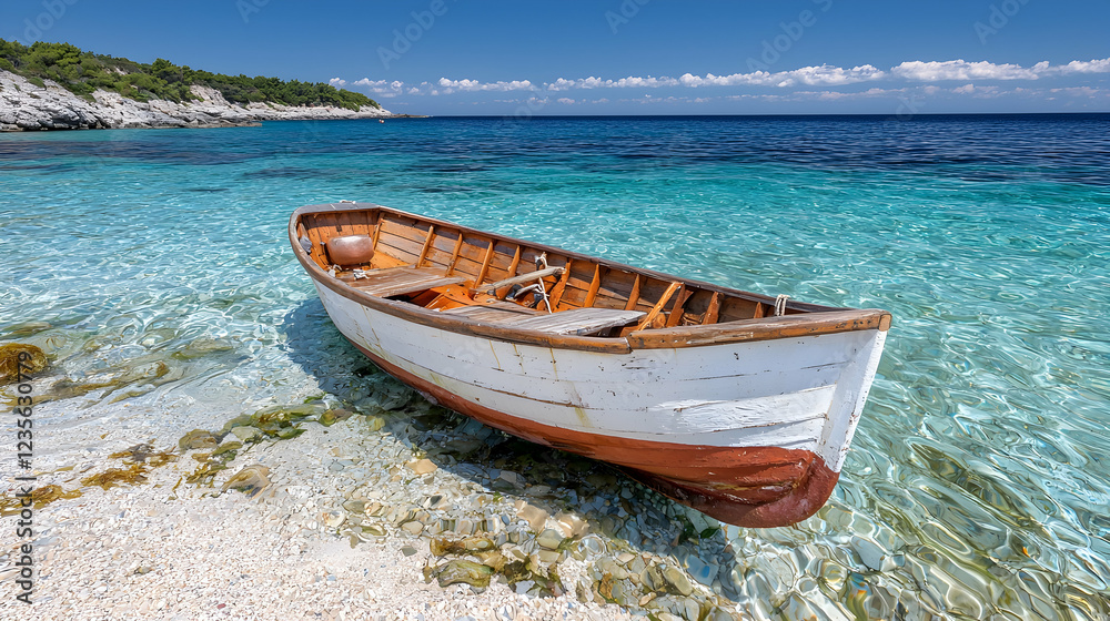 Naklejka premium Wooden boat on tranquil beach, clear water, sunny day, island background; travel poster