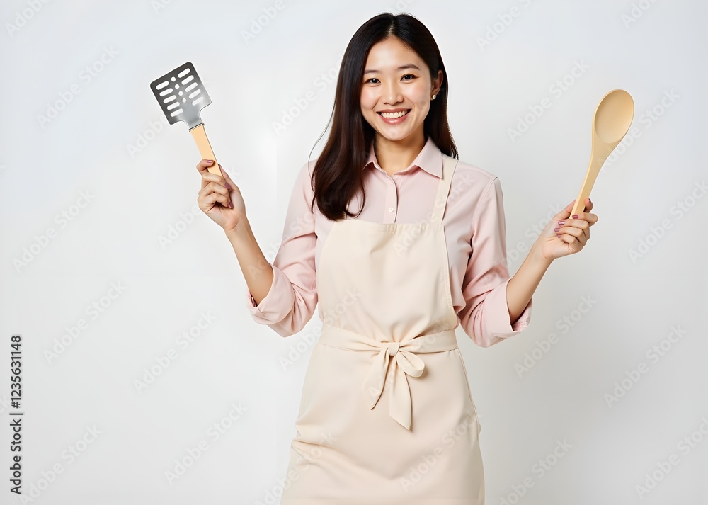 Young woman housewife wearing kitchen apron cooking and holding pan and spatula isolated on white background Young woman housewife wearing kitchen apron cooking and holding pan and spatula isolated on white background