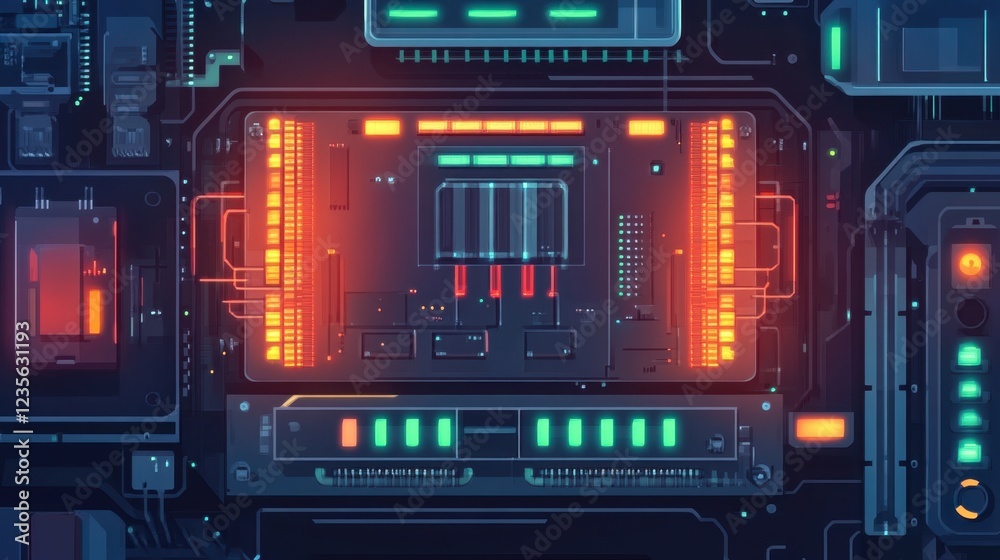 Fototapeta premium A futuristic PCB assembly line with AI-driven quality control checks, top view.