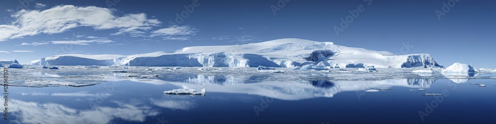 Obraz premium Panoramic view of a glacial landscape reflecting in calm water under a partly cloudy sky. Icebergs and snow covered land dominate the scene