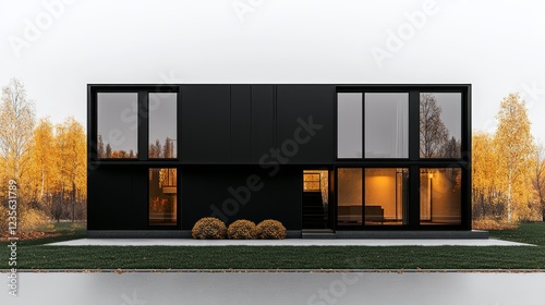 modular house, two levels, modern design, big windows, black walls, fortification and safety.
