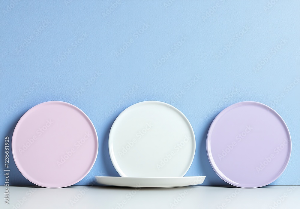 Three pastel colored plates arranged on a white surface against a textured light blue background. The plates are light purple, white, and lavender Three pastel colored plates arranged on a white surface against a textured light blue background. The plates are light purple, white, and lavender