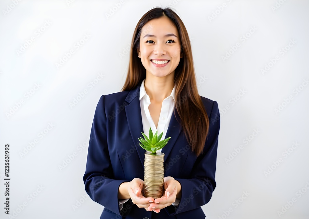 A businesswoman with a confident and optimistic expression holding a stack of neatly arranged coins in her hands. On top of the pile of coins, there's a plant. Business success concept. A businesswoman with a confident and optimistic expression holding a stack of neatly arranged coins in her hands. On top of the pile of coins, there's a plant. Business success concept.