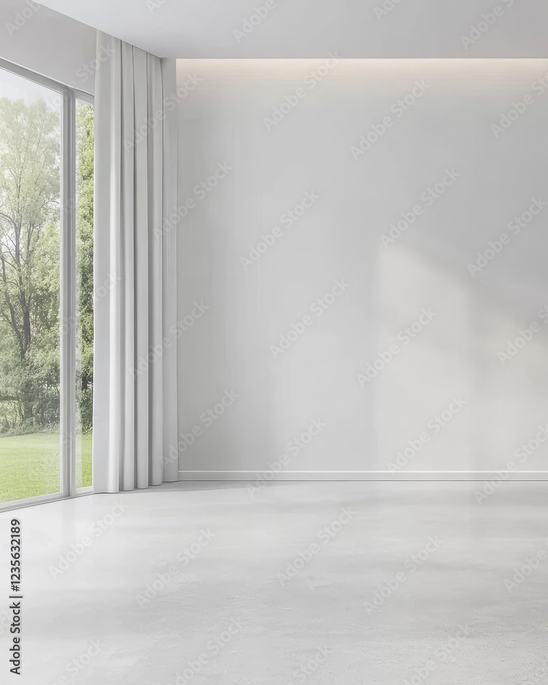 Obraz premium Bright and airy empty room with large window and green outdoor view