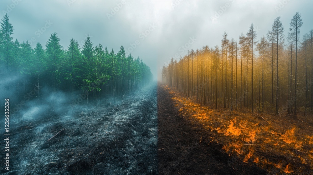 Fototapeta premium The image contrasts a lush green forest with a charred landscape, highlighting the devastating effects of fire on nature.