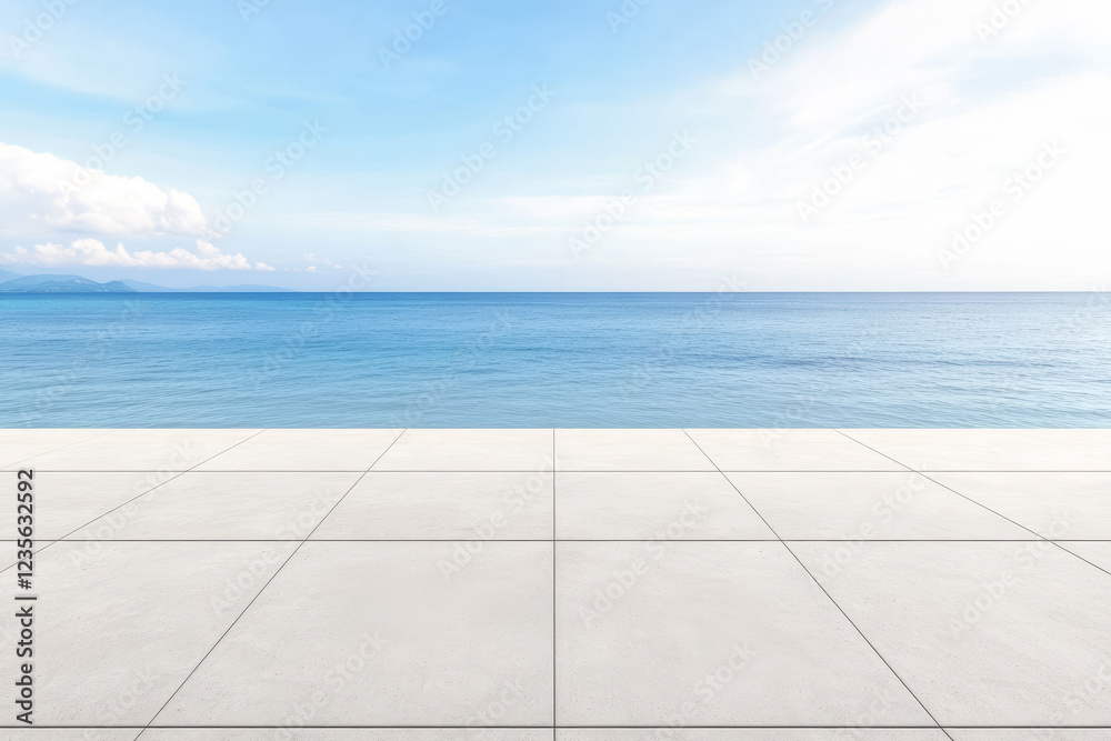 Fototapeta premium Tranquil ocean view from a modern terrace overlooking calm waters on a sunny day