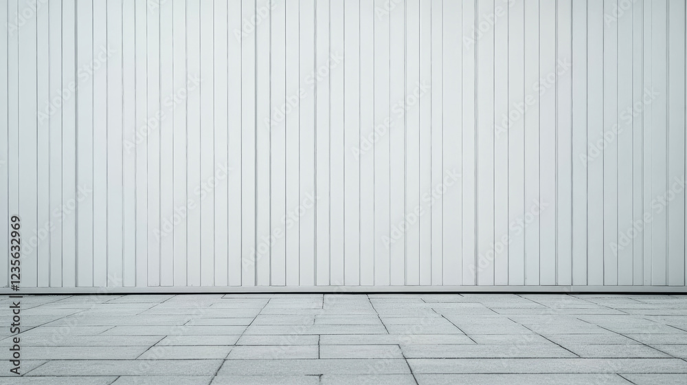 Fototapeta premium Minimalist white wall with vertical lines and gray tiled pavement in urban setting