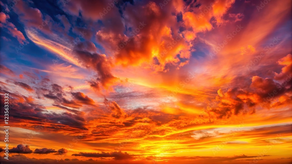Fototapeta premium Panoramic sunset sky with vibrant orange hues and pink clouds, landscape, sunset, landscape, sunset
