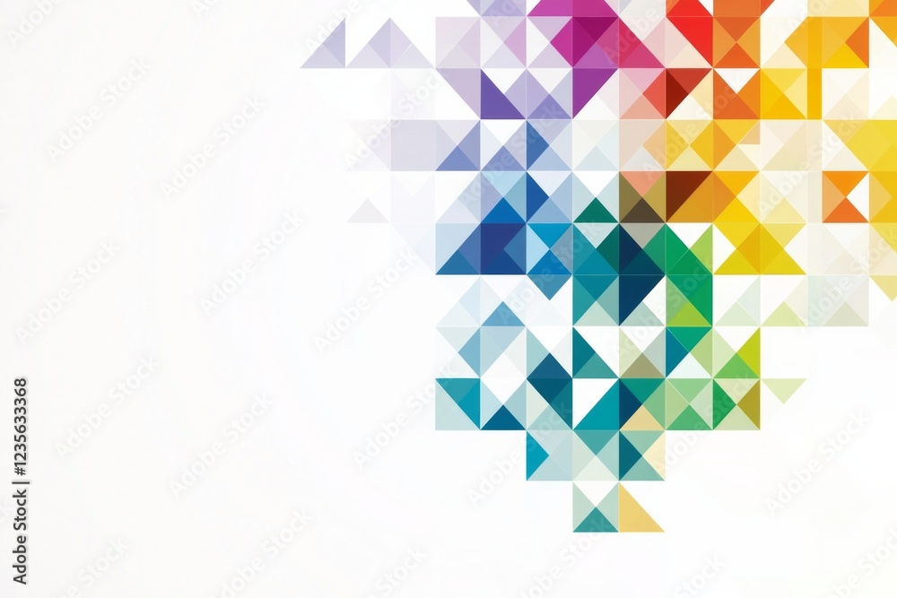 Obraz premium Colorful geometric pattern of abstract triangles on the right side. The elements are separated by white space 