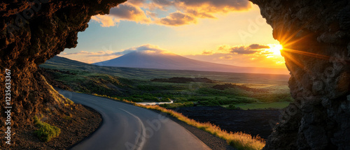 winding road through volcanic landscape at sunset, showcasing nature beauty