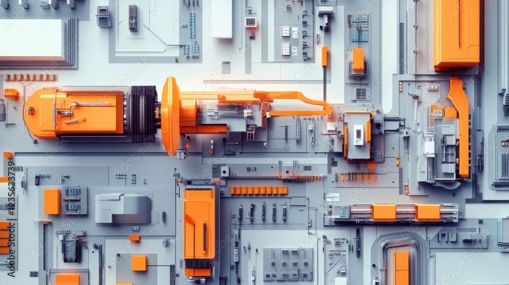 Fototapeta premium A precision robotic arm assembling electronic components on a conveyor belt, top-down view.