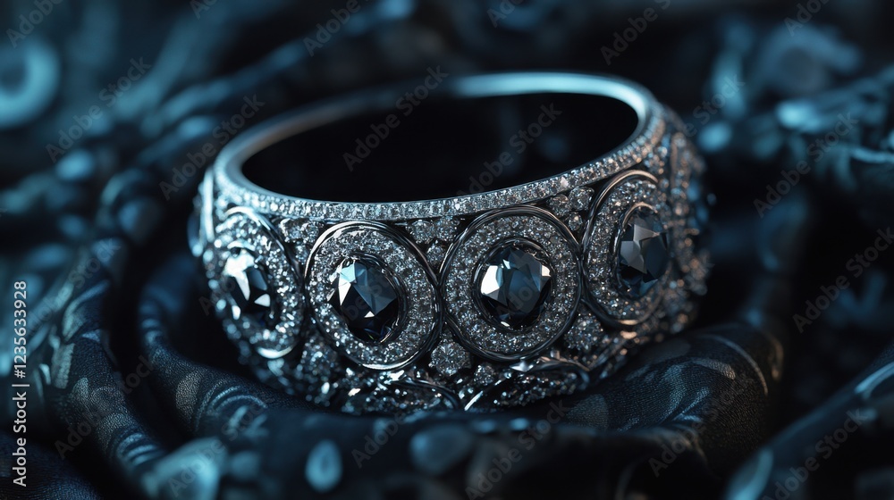 Obraz premium A radiant-cut diamond bracelet with intricate details displayed on a dark onyx fabric.