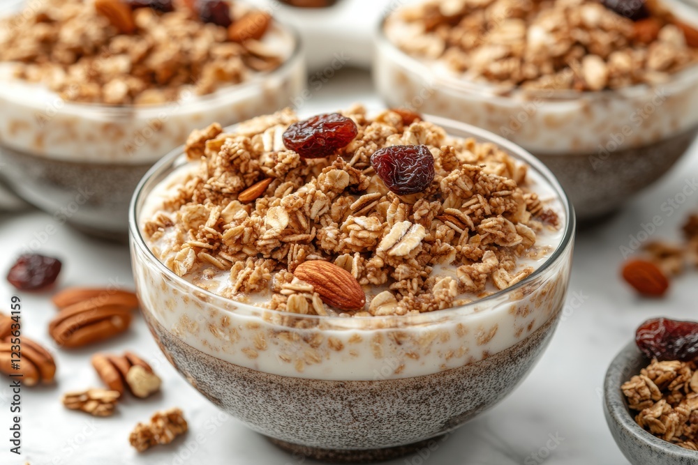 Delicious Granola Parfaits with Nuts and Berries on a Marble Surface - A Healthy Breakfast Delight Delicious Granola Parfaits with Nuts and Berries on a Marble Surface - A Healthy Breakfast Delight