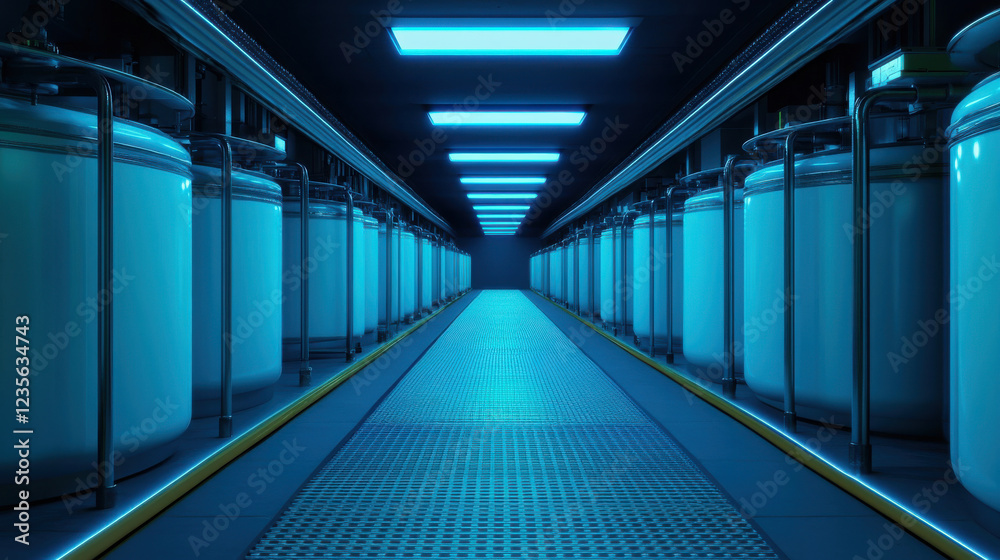 Fototapeta premium Futuristic energy lab with glowing tanks and blue lighting