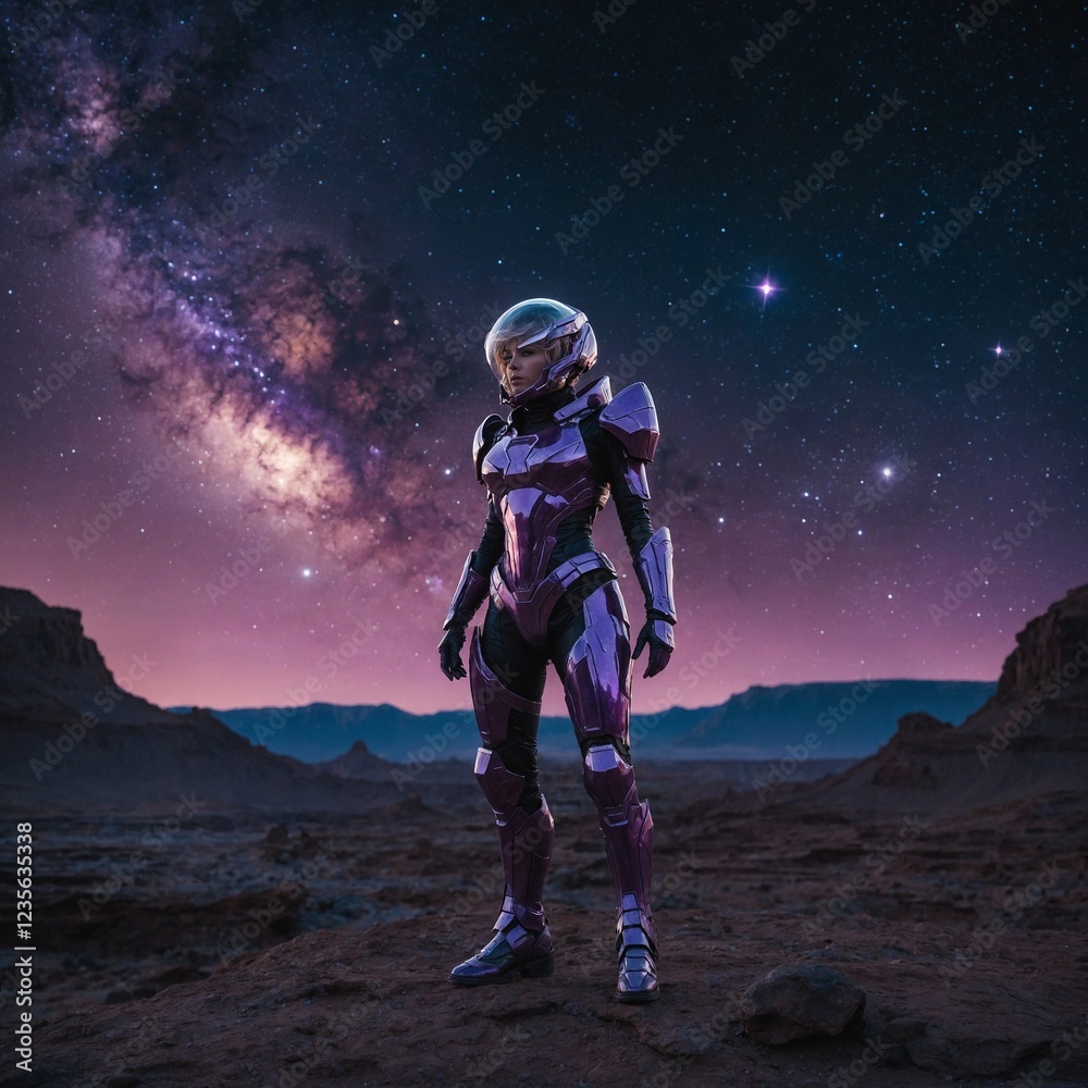 Fototapeta premium Amethyst Nova standing on an alien planet, her armor reflecting the distant stars.