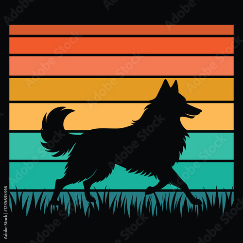 Retro Belgian Tervuren Dog Silhouette and Sunset Illustration
