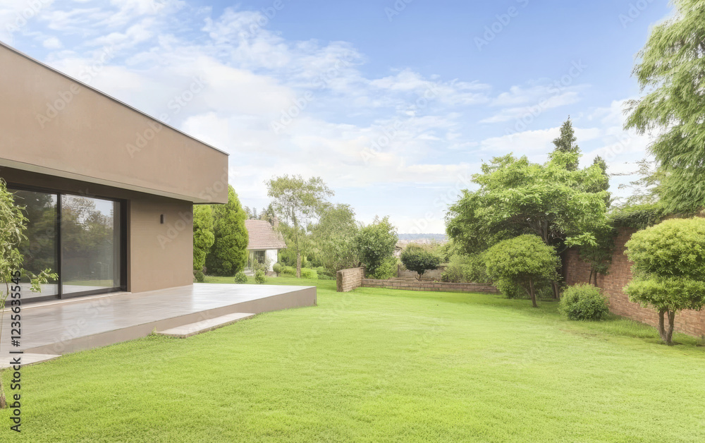 Naklejka premium Beautiful modern house with garden and landscaping in a serene environment during daytime