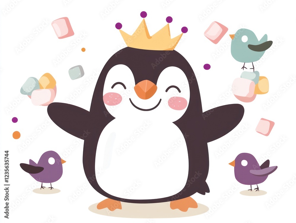 Joyful penguin king tossing marshmallows; birds, confetti; children's book illustration Joyful penguin king tossing marshmallows; birds, confetti; children's book illustration