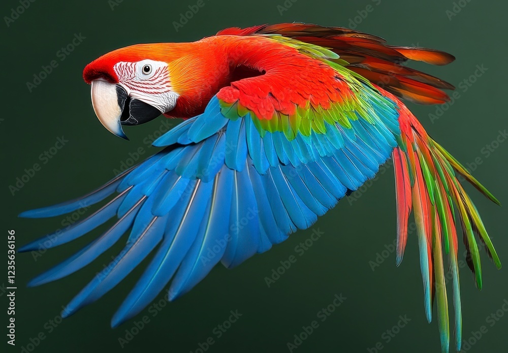 Obraz premium Vibrant red, green, and blue macaw in flight against a dark green background. Its wings are fully extended, showing intricate feather detail. The
