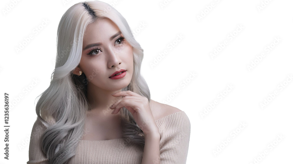 beautiful attractive woman. model. white long hair. hand below head, thinking options and making decisions. transparent background. png beautiful attractive woman. model. white long hair. hand below head, thinking options and making decisions. transparent background. png